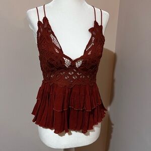 Free People Adella Cami Lace Tank Top Sz S Winding Roads Ruffled Tiered Boho New